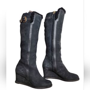 Fendi Wedge  Suede  Fur Trim Black  Knee High Boots Size 38 1/2